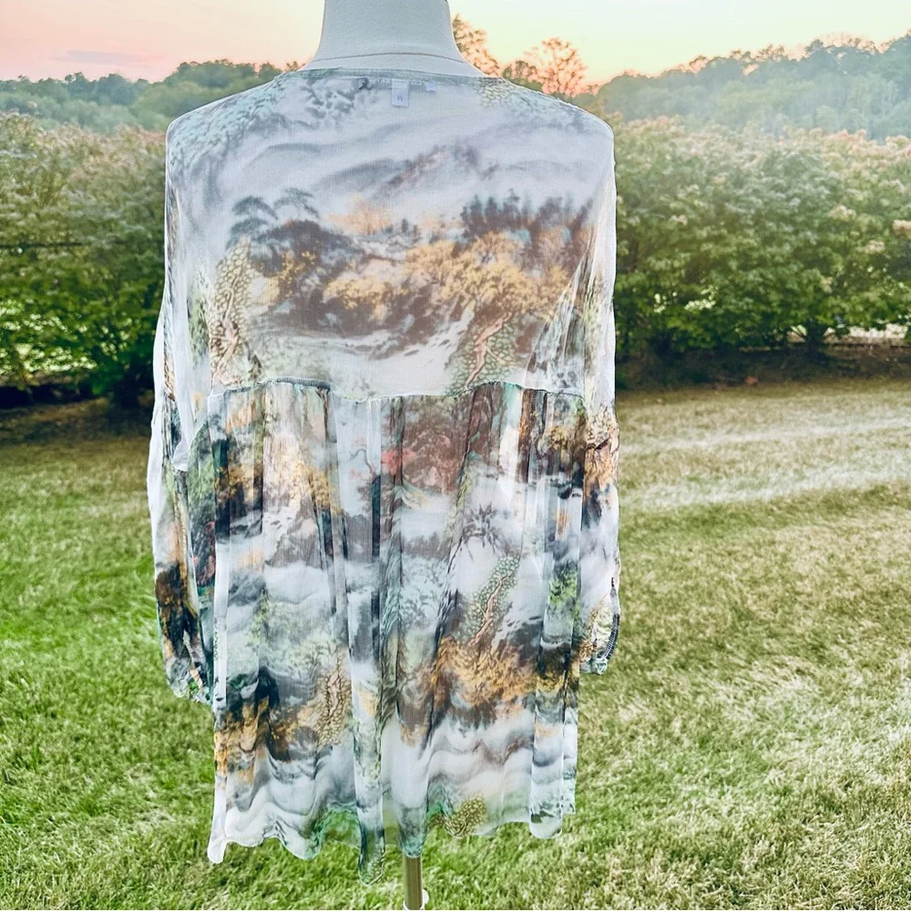 Tempo Paris Sheer Landscape Print Blouse Medium V-Neck High-Low Boho Top - Picture 7 of 10